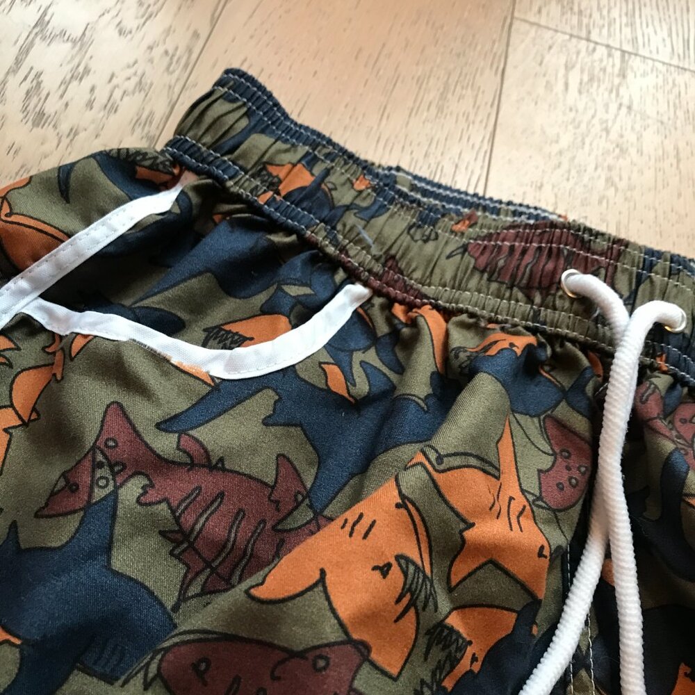 Men's Shark Print Swim Trunks - Green and Orange - Picture 2 of 3